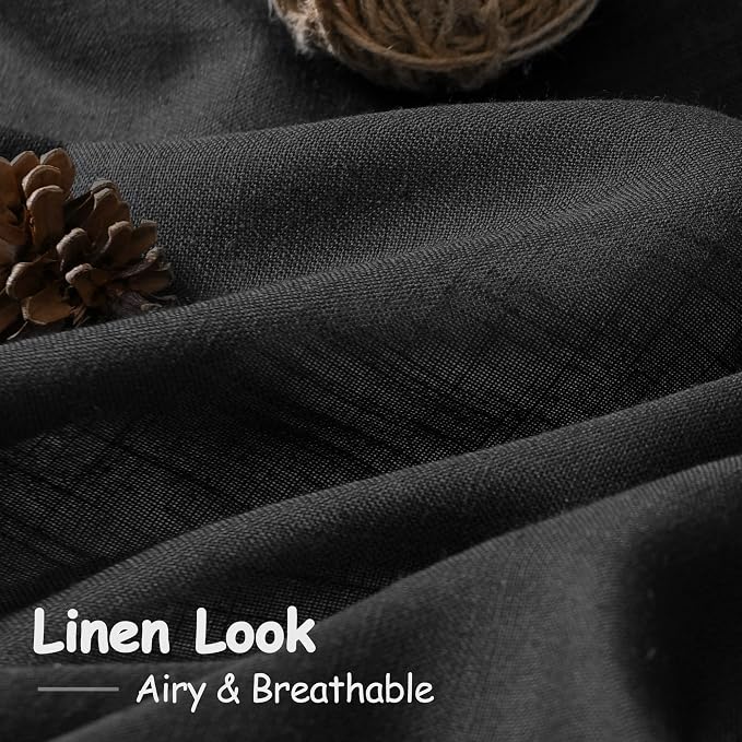 Black Linen Curtains 132 inch Extra Long for Living Room Back Tab Light Filtering Semi Sheer Drapes Modern Farmhouse Muslin Look Decor Cotton Textured Curtain for Floor to Ceiling Window 11 FT
