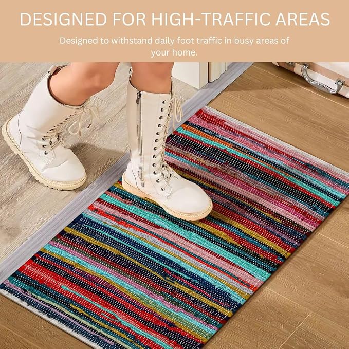 WeWove Hand Woven Chindi Rug Cotton - Boho Rustic Farmhouse Area Accent Throw Rug - Area Floor Carpet for Bedroom Living Room Kitchen Dorm Entryway Hallway - 20x32 inch Area Rug Multicolor