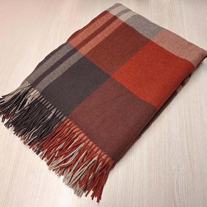 Soft Pure Wool Throw Blanket, Lightweight Warmth, 55"x83", Plaid, Fringe, Compact with Bag, Useful Gift for Women Men, All Season Decorative Cozy Travel Blanket for Couch Bed, Outdoors
