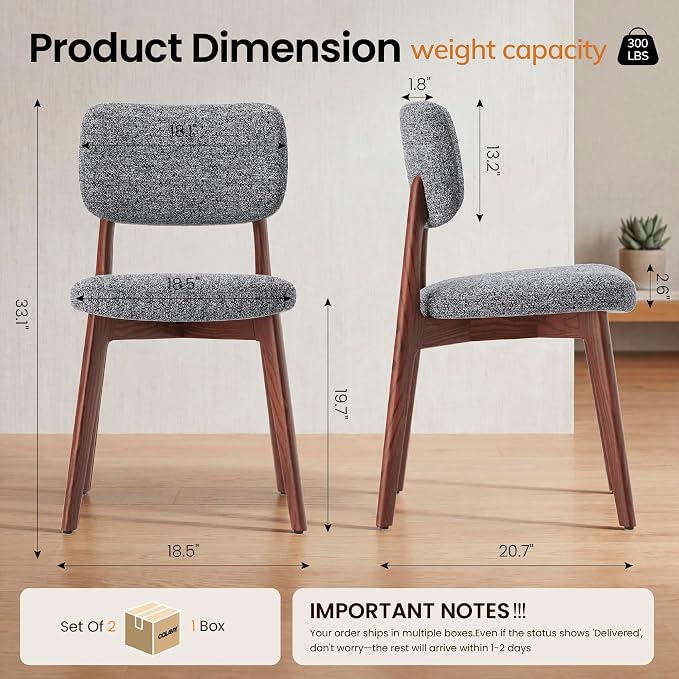 COLAMY Dining Chairs Set of 2, Modern Upholstered Kitchen Room Chairs with Solid Red Oak Wood Legs, 5-Min Easy Assembly Anti-Wobble, High-Weight Fabric Farmhouse Side Chair, 300lbs,Darkgrey