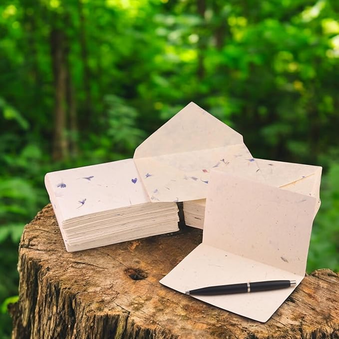 Kathmandu Valley Co. 50 Vintage 4x6 Handmade Lokta Paper Nepali Cherish Greeting Cards & Matching Decorative Flower Petal Envelopes. Folded blank cards. Handmade In Nepal. (Cornflower)
