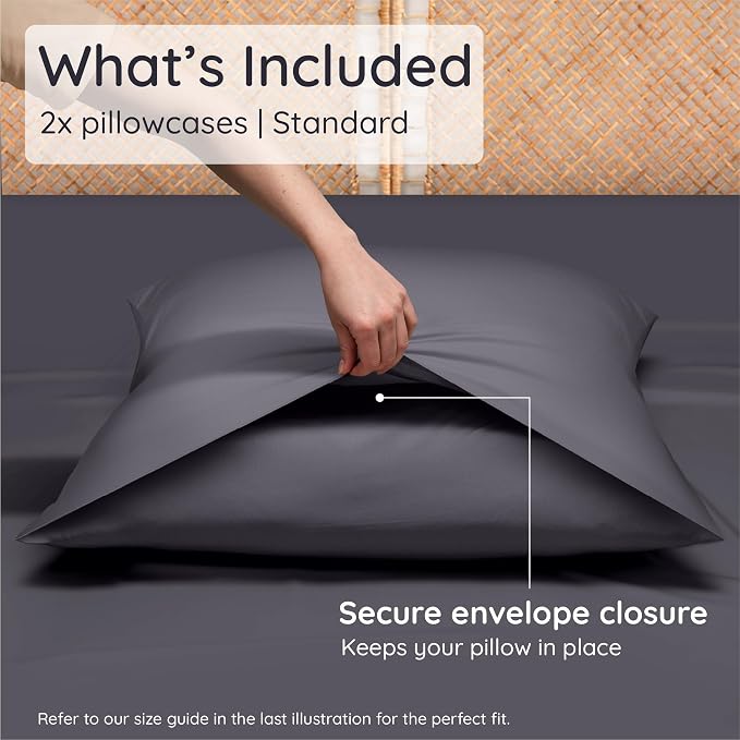 Bambaw 100% Viscose Derived from Bamboo Pillowcases Standard Size – Set of 2 Cooling Pillow Cases Standard Size, Breathable & Soft Pillow Case with Envelope Closure, Anti Acne Pillow Case (Charcoal)