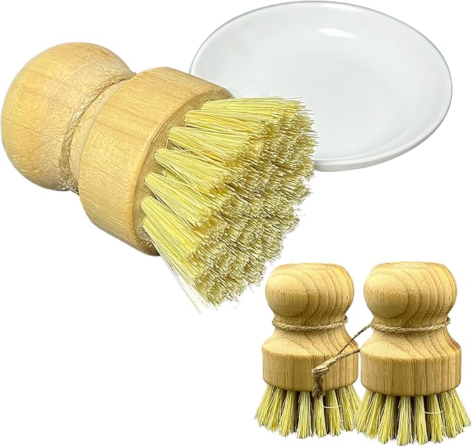 Bamboo Dish Brush Set, Natural Sisal Scrubber for Pots Pans Dishes with Tray, Eco Friendly Kitchen Brush 3 Pack