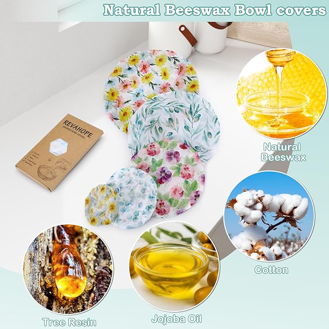 5-Size Reusable Beeswax Bowl Covers for Bread Proofing, Cotton Cloth Flexible Beeswax Wraps for Food Storage(Little Daisy)