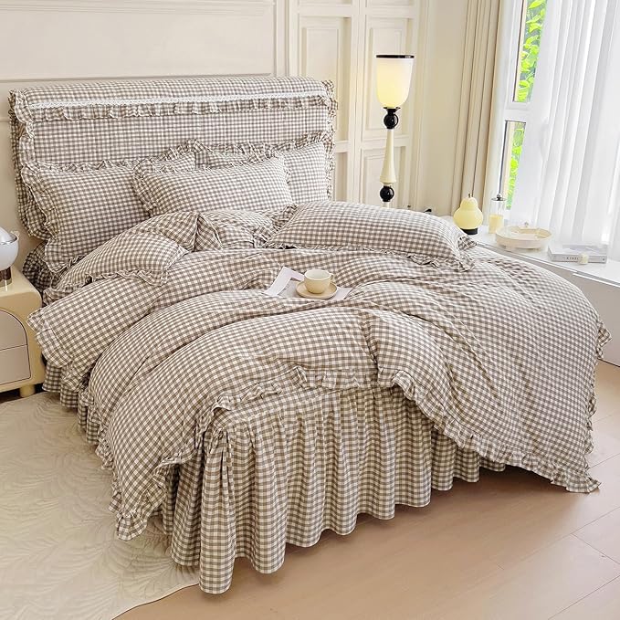 mixinni Tan Gingham Ruffle Duvet Cover Full Size 3 Pieces – 100% Washed Cotton, Vintage Plaid Ruffled Bedding Set with Zipper Ties, Soft Cream Checkered Grid Farmhouse Chic Comforter Cover Set