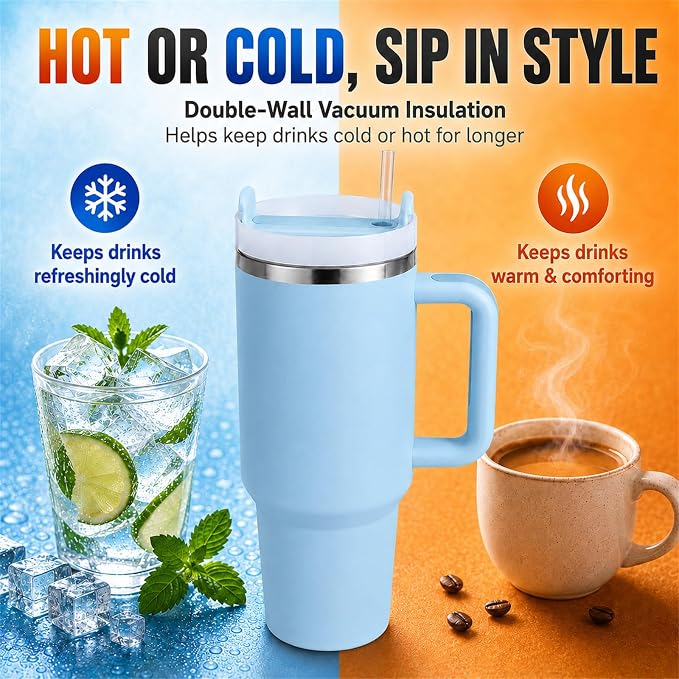 Pandance 40 oz Tumbler with Handle, Tumbler with Lid and Straw(Blue) | Stainless Steel Vacuum Insulated Travel Mug, Sturdy Screw-on lid, Cup Holder Friendly, Large Capacity Cup For Iced Coffee