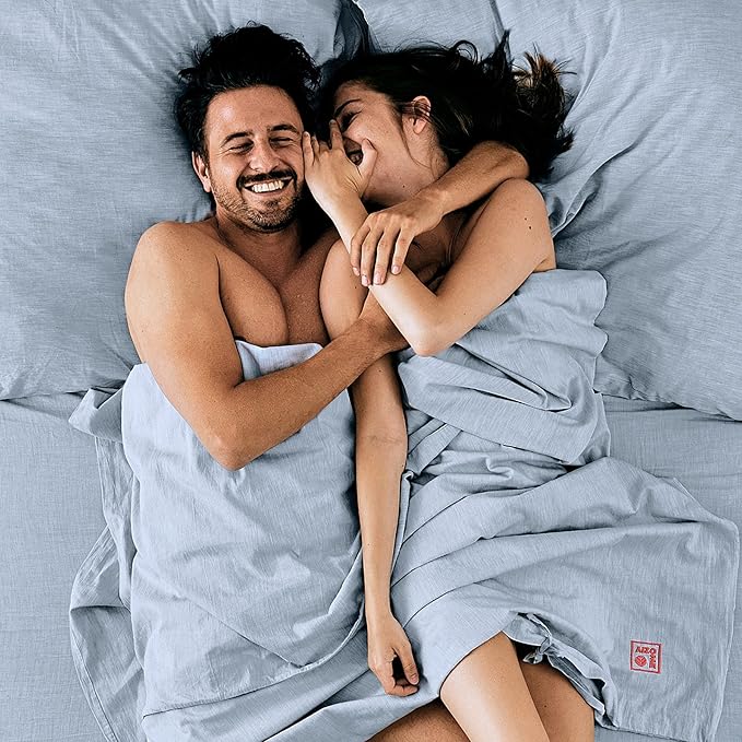 AIZOME Bedsheet Set Made from 100% GOTS Organic Cotton, Non-Toxic Plant-Dyed 340 Thread Count, Hypoallergenic for Sensitive Skin, 4-Piece (Natural Indigo, Queen)