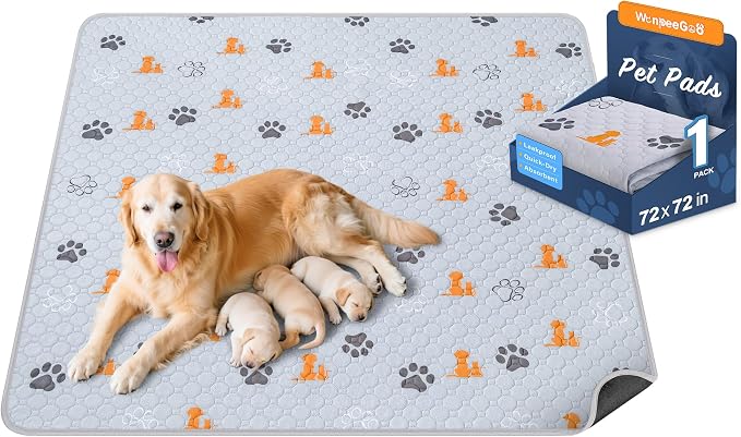 WanpeeGoo Washable Pee Pads for Dogs, 1 Pack Absorbent Reusable Training Dog Pads Pet Puppy Pads, Non-Slip Potty Pads for Whelping, Playpen, Crate, Bed, Orange, 72"x72"