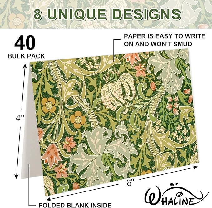 Whaline 40 Packs William Morris Greeting Cards with Envelopes Stickers Vintage Greenery Stationery Card Green Leaves Flower Blank Note Cards for Birthday Baby Shower Party Supplies, 4 x 6 Inch