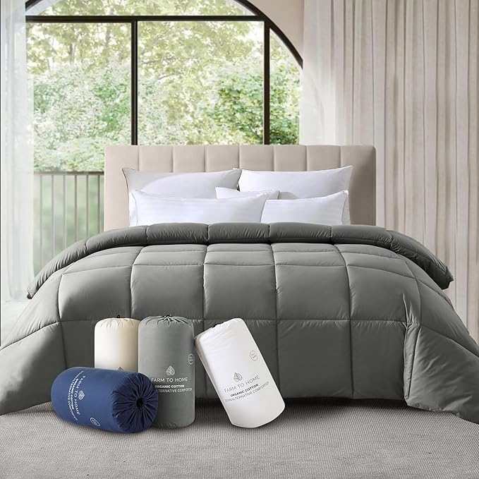 Farm To Home Luxury Comforter Organic Cotton All Season Fluffy Lightweight Down Alternative Machine Washable Comforter for Bedroom, Twin, Gray