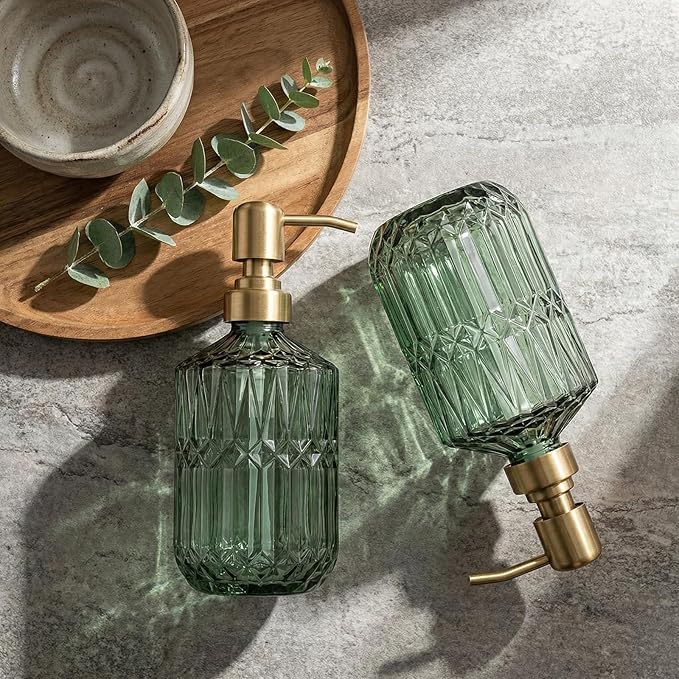 2-Pack Green Hand Soap Dispenser with Gold Stainless Steel Pump, Refillable Glass Soap Dispenser for Bathroom, Vintage Kitchen Soap Dispenser for Liquid Hand Soap, Lotion, Body Wash (14 OZ)