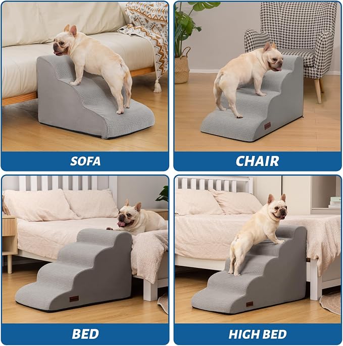 Aodisman 4-Step Dog Stairs and Ramp for Beds or Couches,Non-Slip Sturdy Pet Steps for Small Dogs and Cats,17.4" H,Light Grey
