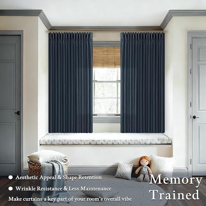 Navy Light Filtering Boys Bedroom Curtains 63 Inches Long 2 Panels Set for Small Window Dark Blue Boho Farmhouse Pinch Pleated Linen Short Semi Sheer Back Tab Bedroom Bay Windows 50Wx63L Length