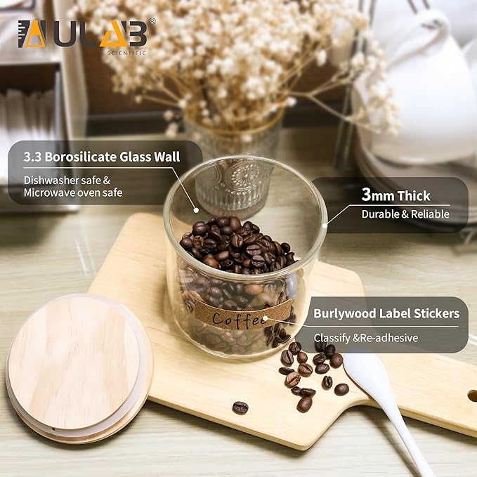 ULAB 3mm Thick Glass Food Container Set with Lid, 9.8 OZ Clear Storage Jar, Pack of 6, Glass Airtight Canisters set for Cookie, Candy, Coffee Beans, USJ1001