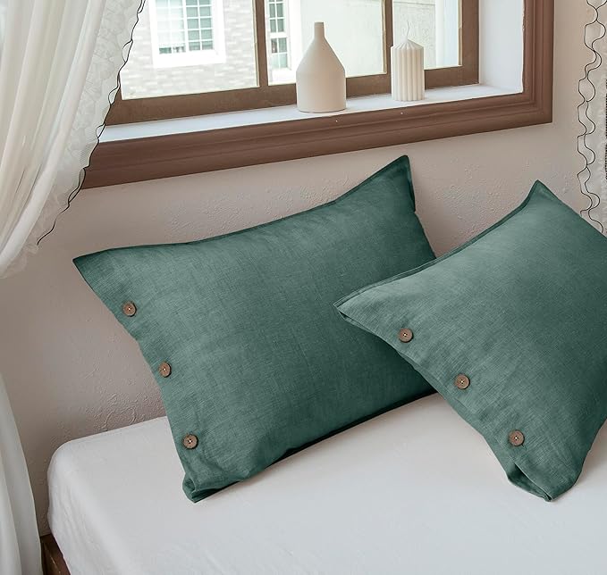 EVERLY 100% Linen Pillowcases Set of 2, French Linen from Normandy, 20X30Inch Standard Size, Natural Color, Coconut Buttons Closure, Flax Pillowshams-Pillowcase-Aqua