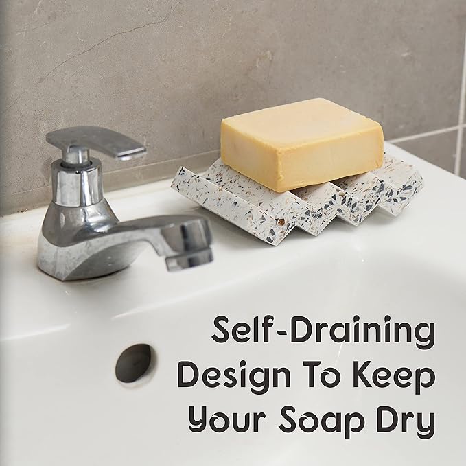 Tapeera Zig Zag Terrazzo Stone Soap Dish for Bathroom Sink - Concrete Soap Saver for Bar Soap Holder for Shower - Sponge Holder - Self Draining Soap Dish Holder - Kitchen Soap Tray (White)