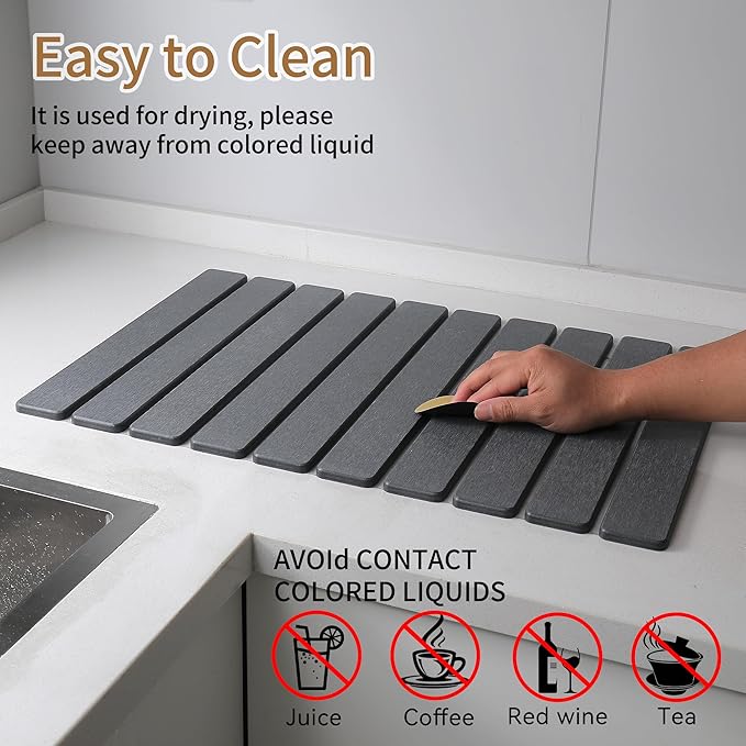 Large Stone Dish Drying Mat for Kitchen Counter, Fast Dry Diatomaceous Earth Mat – Foldable Stone Mat for Dishes, Utensils, Soap Dish – Non-Slip & Heat Resistant–2 PCS (23.6"×15.3" & 8"×4")–Dark Grey