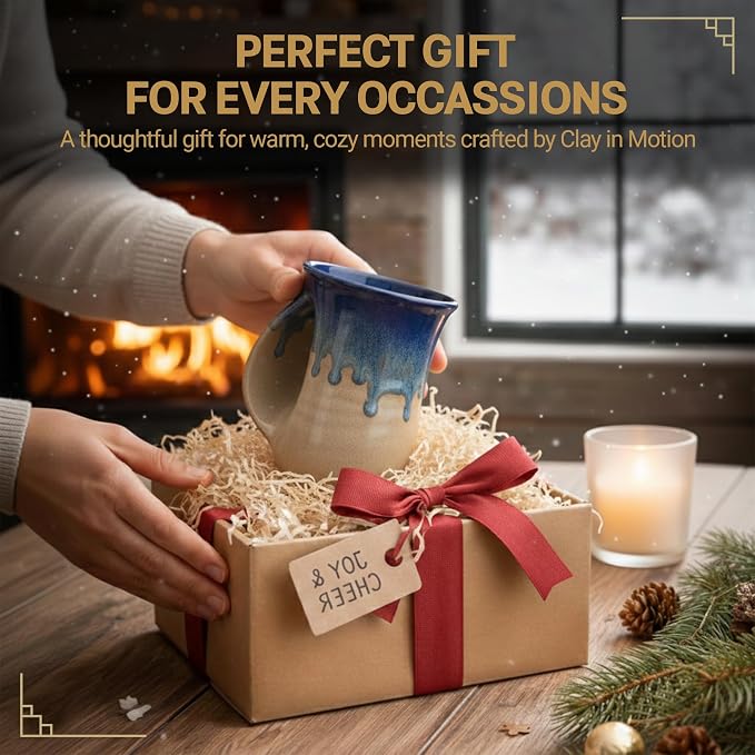 Clay in Motion Hand Warmer Coffee Mug – Handmade Coffee Mug With Comfortable Handle Contoured Pocket Hand Warming Ceramic Coffee Mug – Proudly Made in USA – Left Handed – 14 Oz - Cobalt Canyon