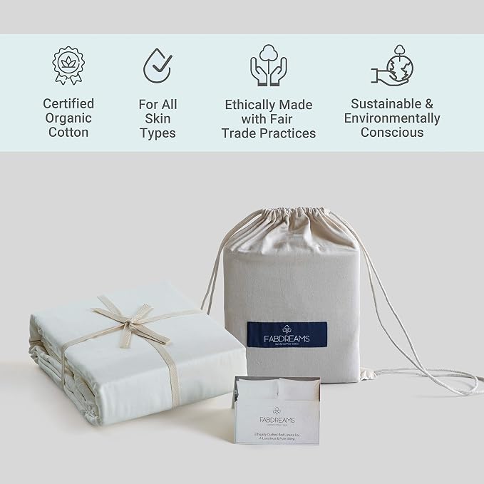 Fabdreams 100% Organic Cotton Twin Size Sheet Set | 400 Thread Count Sheet Set | GOTS Certified | Long Staple Cotton | Upto 17" Elasticised Deep Pockets | Soft Silky Shiny | Ivory
