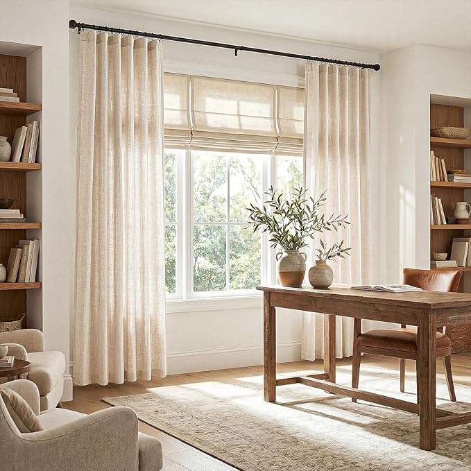 jinchan Beige Linen Blend Curtains 84 Inches Length 2 Panels for Bedroom Living Room, Light Filtering 50 Inches Wide Natural Farmhouse Drapes with Rod Pocket Back Tab (50W x 84L, Ecru)