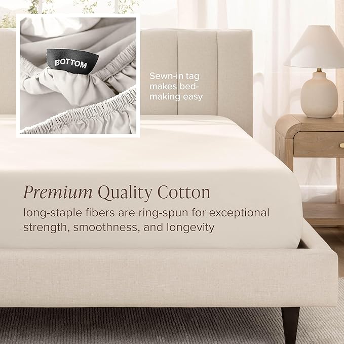 Bare Home 100% Organic Cotton Queen Sheet Set - 400 Thread Count - Smooth Sateen Weave - Breathable & Cooling - Hotel Luxury Set - Deep Pocket Bed Sheets (Queen, French Beige)
