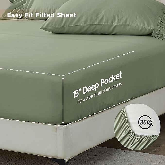 Simple&Opulence 100% Organic Cotton Sheet Set, Long Ruffle Bed Sheets (1 Flat Sheet, 1 Fitted Sheet and 2 Pillowcases) Elegant Shabby Chic Bedding Farmhouse Charming Vintage - Sage Green, Queen