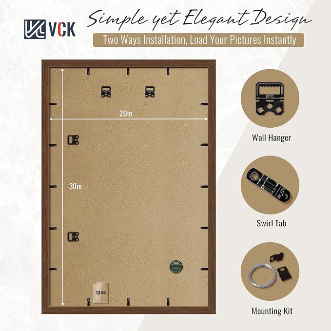 VCK 20x30 Frames Brown 3 Pack, Wide Border Wood, Display 18x24 Picture Photo with Mat or 20 x 30 without, for Home, Office, Gallery, Woodgrain Series, Wall Hanging