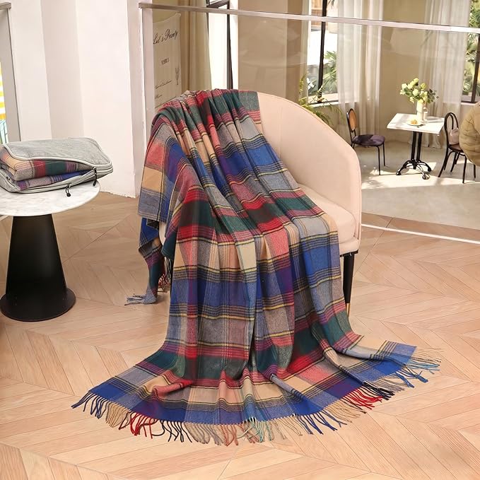 100% Wool Blanket Throw,Blue Plaid Wool Blanket with Compact Bag,Rustic Soft Lightweight Blanket for Couch,Sofa,Bed & Lounging Decoration, Warm Travel Blanket for Home, Airplane,Ideal Gifts 55"x83"