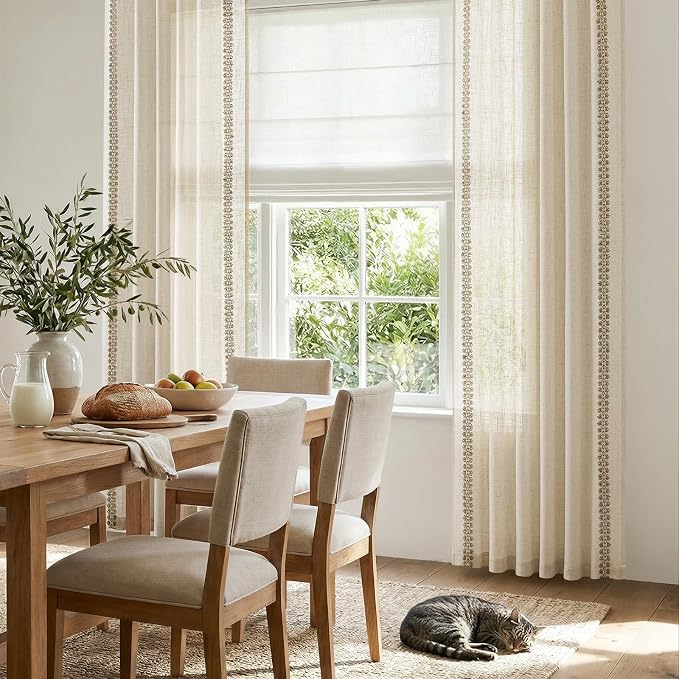 jinchan Beige Linen Blend Curtains with Woven Trim Boho Curtains 90 Inches Length 2 Panels for Living Room Bedroom Light Filtering 50 Inches Wide Rustic Farmhouse Drapes with Rod Pocket Back Tab Ecru