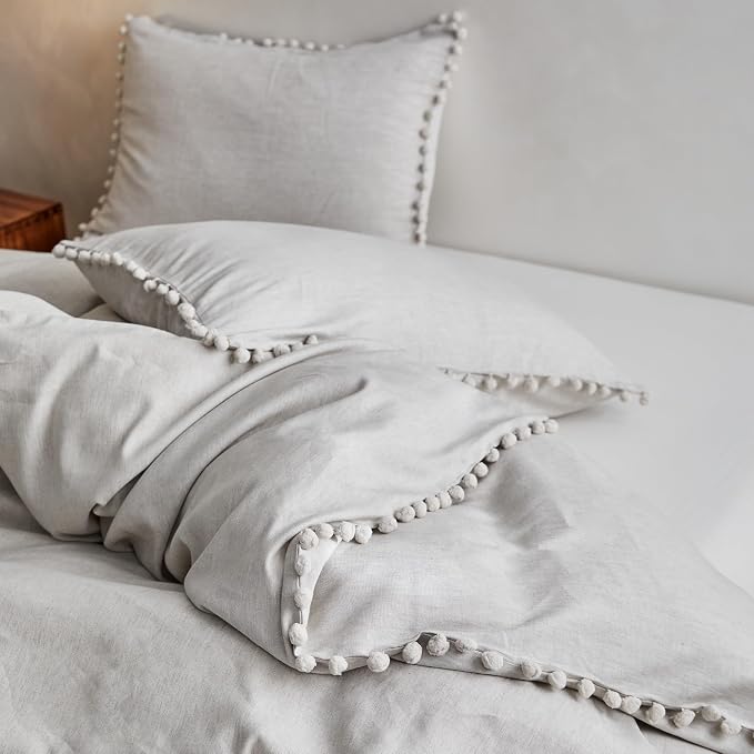 Simple&Opulence French Linen Blended Duvet Cover Queen, Flax Viscose Derived from Bamboo Bedding Set with Pom Pom Trim Soft Cooling for Hot Sleepers, 1 Boho Comforter Cover and 2 Pillow Shams, Linen