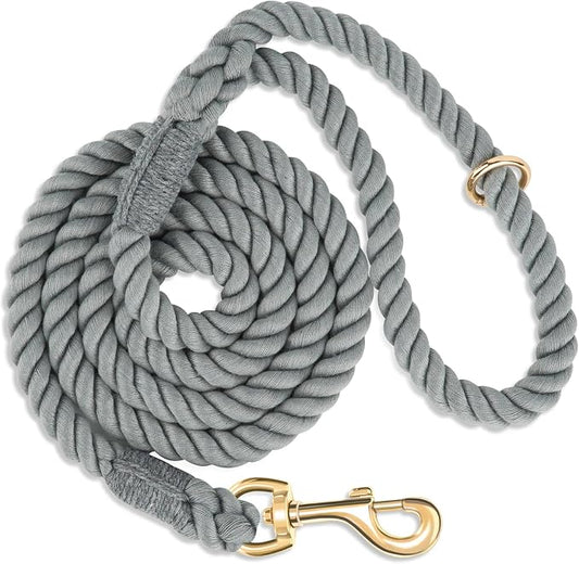 Dog Leash 5 FT Handmade Braided Cotton Rope Leashes for Small Medium and Large Dogs, New Golden Heavy Duty Metal Clasp, Grey