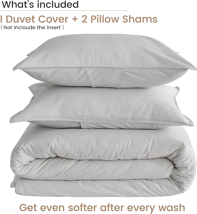 BISELINA French Linen Duvet Cover Set 3pcs with Hidden Zipper Closure Natural Flax Cotton Blend Solid Color Soft Breathable Luxury Farmhouse Bedding - King Size, Khaki Grey