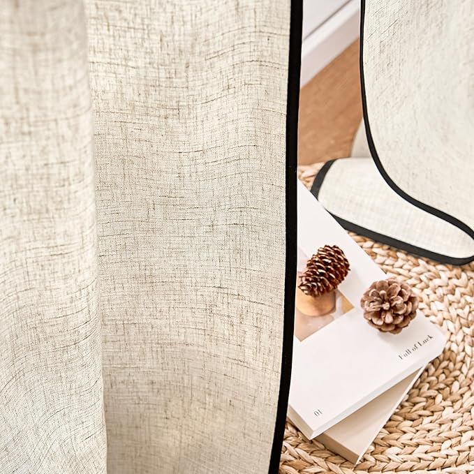 jinchan Beige Linen Blend Curtains with Black Trim, French Style Drapes for Living Room Bedroom 2 Panels 84 Inches Length Neutral Curtains Farmhouse Modern Window Treatment with Rod Pocket Back Tab