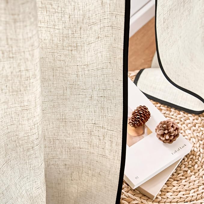 jinchan Beige Linen Blend Curtains with Black Trim, French Style Drapes for Living Room Bedroom 2 Panels 90 Inches Length Neutral Curtains Farmhouse Modern Window Treatment with Rod Pocket Back Tab