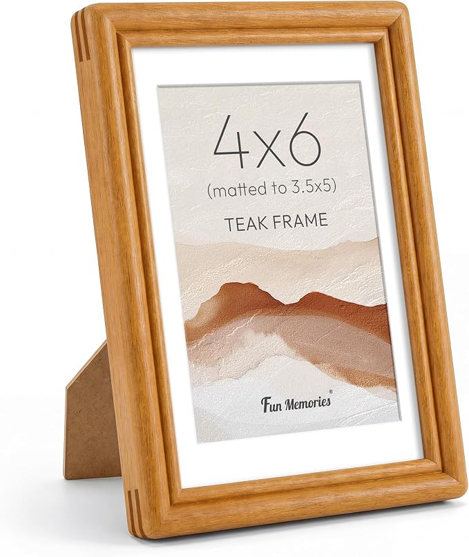 4x6 Picture Frame with Mat for 3.5x5, USA-Sourced Natural Teak Wood Handcrafted Rounded Corner with HD Tempered Glass, 4 x 6 Photo Frames Gallery Wall & Tabletop, Vertical or Horizontal Display
