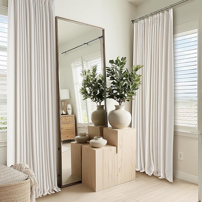 RYB HOME Natural Pinch Pleated Linen Curtains, 100% Blackout Thermal Insulated Double Layer Textured Curtains for Sliding Glass Door Picture Window, Cream White, 40" W x L90 L, 2 Panels Set