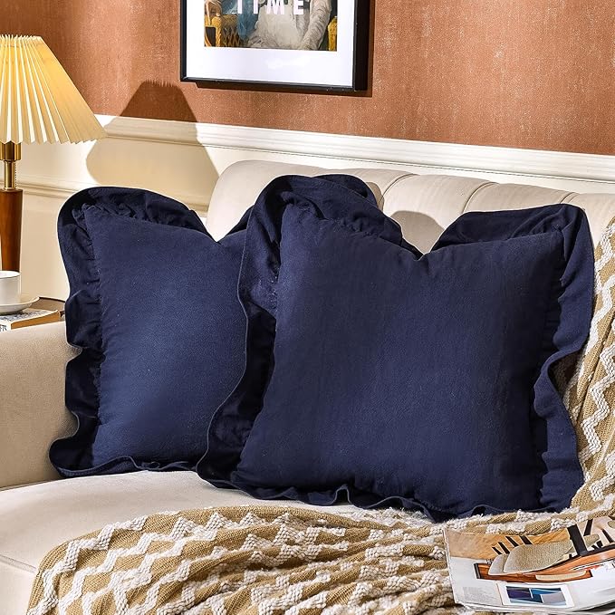 AmHoo Pack of 2 Throw Pillow Covers 100% Cotton Pre Washed Ruffle Decorative Pillowcase Cushion for Couch Sofa Bedroom 18 x 18-Inch Navy Blue