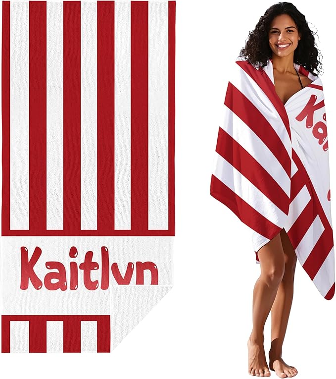 JML Personalized Beach Towel with Name, Custom Cabana Stripe Beach Towel, Customized Microfiber Pool Towel, Quick Dry & Absorbent Swim Towel for Adult,Anniversary, Birthday, Summer Holiday,Vacation