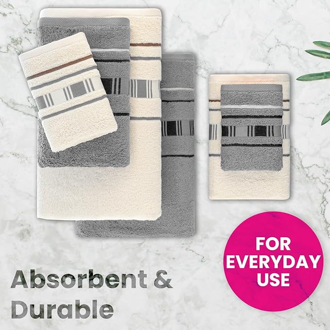 CASA COPENHAGEN X Line 6Pcs 100% Egyptian Cotton Large Designer Towels Gift Set- Grey - Cream, 600 GSM, 2Bath 2Hand 2Washcloths, Bath Towels for Bathroom Set for Women & Men