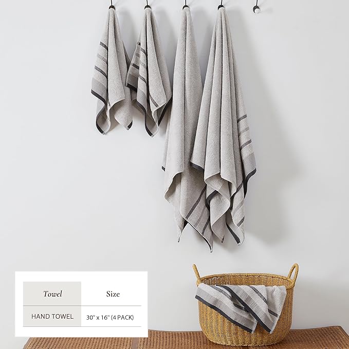 Great Bay Home Decorative Hand Towel Set - Cotton 4 Pack 26x16 Hand Towel Set - Durable Towels for Bathroom Decor (Light Grey/Mid Grey/Dark Grey)