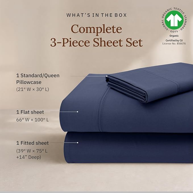 California Design Den Twin Size Sheets Set - 100% Organic Cotton Twin Sheet Set, Soft and Lightweight Sateen, Deep Pockets, Durable Bedding - Navy