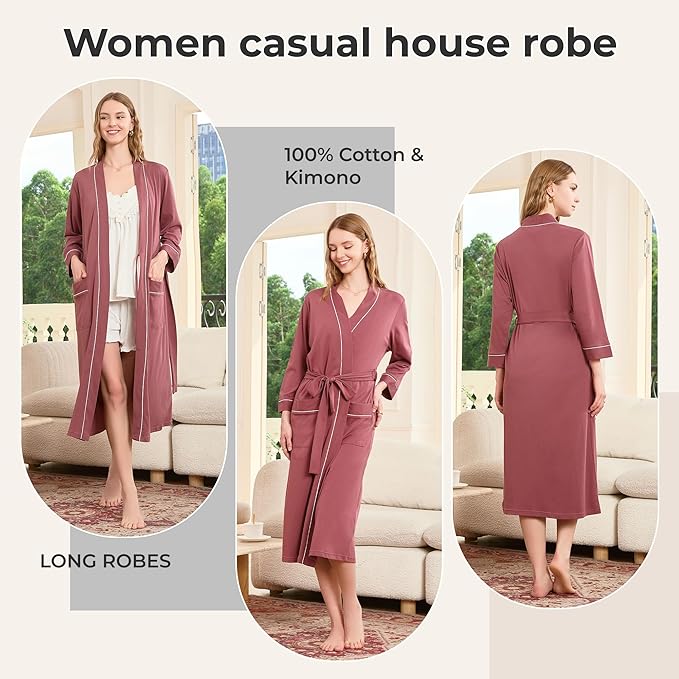 HEARTNICE Womens 100% Cotton Robe, Soft Kimono Spa Long Bathrobe Lightweight Loungewear