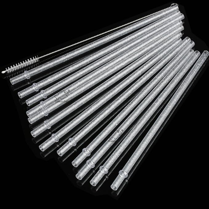 Dakoufish BPA-Free 12 Piece 9 Inch Reusable Clear Plastic Glitter Sparkle Drinking Straw Plus one Cleaning Brush (Clear,9inch)