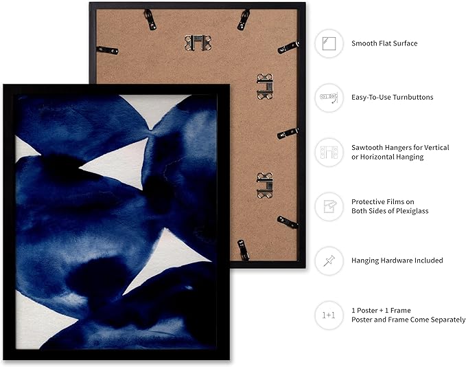 Monem Art Indigo Abstract Watercolor Painting Print - Minimalist Modern Art Poster - Wall Decor for Living Room, Bedroom or Office - 16x20 Black Framed Wall Art by Mareike Bohmer