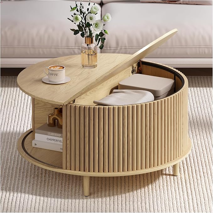 JOINICE 31.5" Round Coffee Table with Storage for Living Room, Natural Oak | Hidden Storage,Fluted Sliding Door,Boho Center Table for Small Apartments,Solid Wood Legs,Easy Assembly,Up to 110 lbs