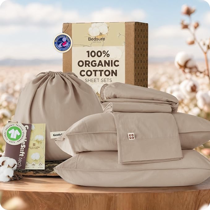Bedsure 100% GOTS Certified Organic Cotton Sheets, Full Size Sheets, 16" Deep Pocket Bedsheets with Corner Straps, Eco-Friendly, Soft, Breathable & Luxury PureWoven Cotton Hotel Bedding, Light Brown