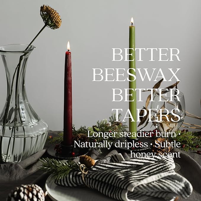 Bluecorn Beeswax Taper Candles, 100% Pure Natural Bees Wax, Pair of 12 Inch Burgundy Tapered Candlesticks, Clean Burning & Dripless, Fragrance Free, Long Lasting, Home Decor, American Made, 1 Count