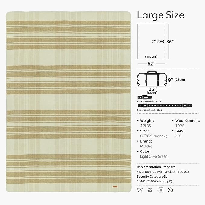 Molithe 100% Wool Blanket, 62" x 86", Warm, Thick, Washable, Military | Great for Camping, Outdoors, Sporting Events, Survival Kits LightOliveGreen