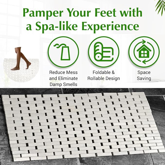 Bamboo Bath Mat White Bamboo Mat 48 x 16 Inches and Wooden Soap Dish Set Bathroom Rugs Bathtub Mat Non Slip Bath Mats for Bathroom, Kitchen Sauna Spa Hot Tub Outdoor Decor