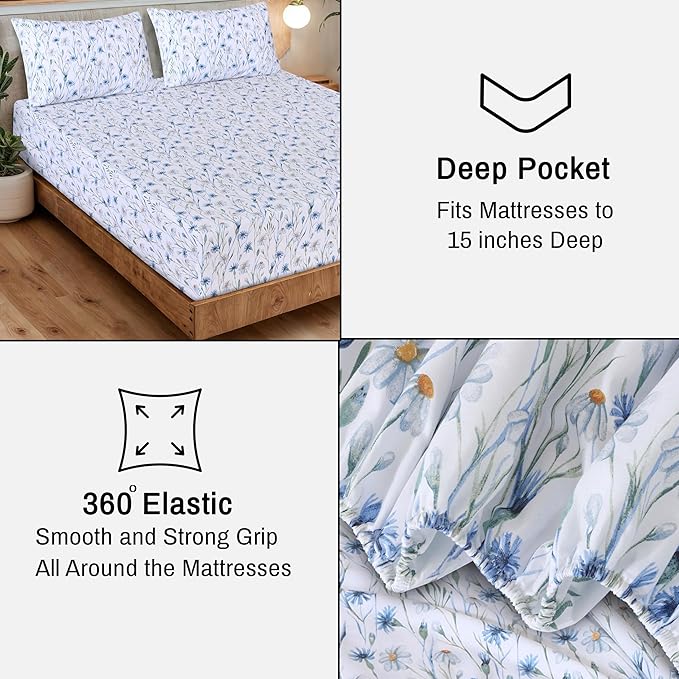 RUVANTI 100% Cotton Organic Percale Sheets Twin Size – Crisp Cooling Bed Sheets for Hot Sleepers, Deep Pocket 15”, Soft Peach Finish, Breathable & Durable Hotel-Style 3 Pcs, Daisy Bud